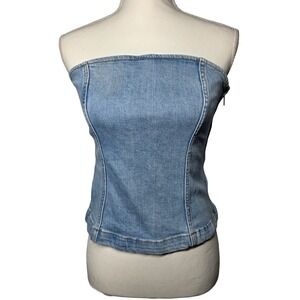 Mango MNG Denim Tube Top Medium Light Wash Strapless Corset Style Side Zip Y2K